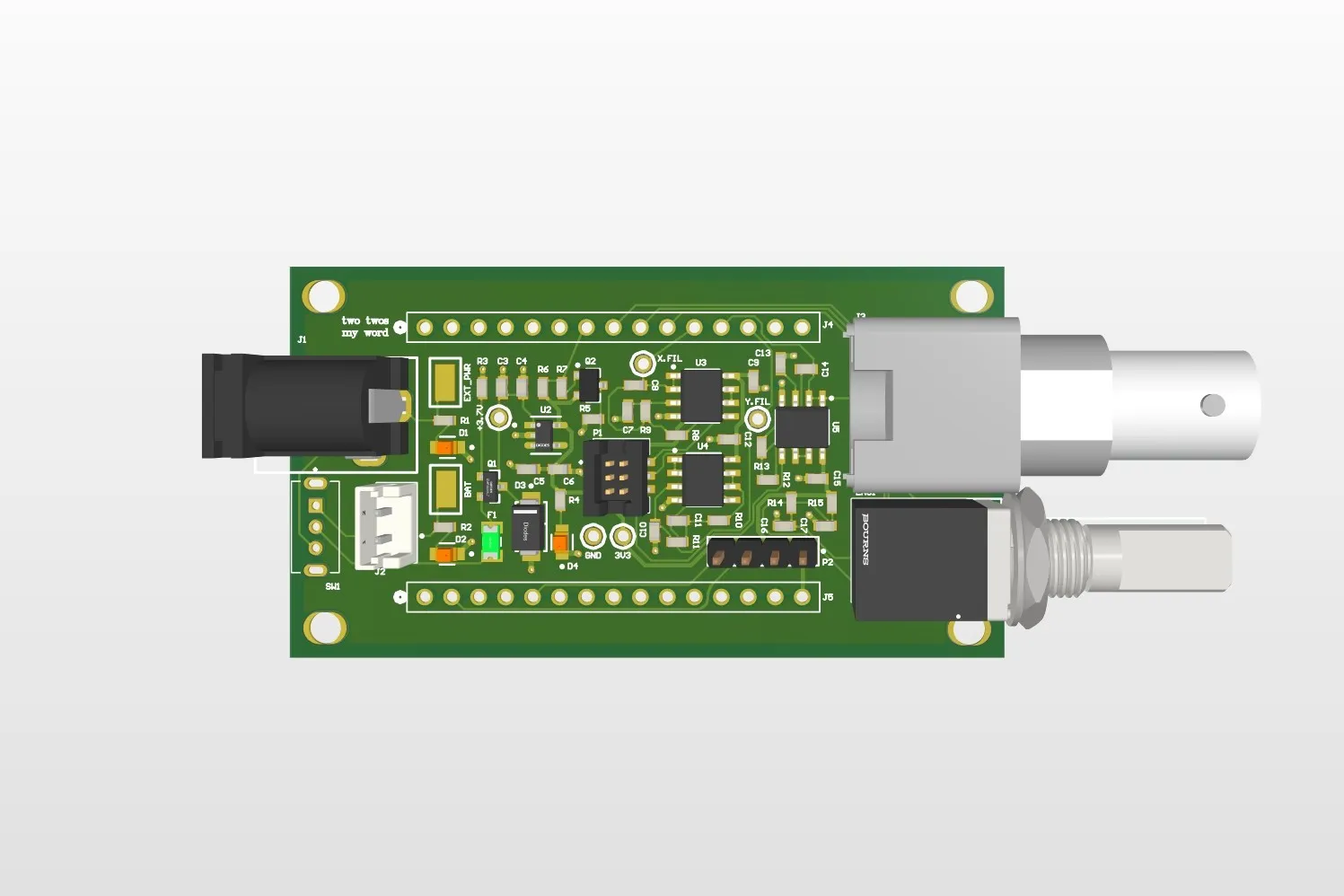 Altium 3D render of the assembled shield, showing the barrel jack, battery connector, op-amps, BNC connector and rotary encoder