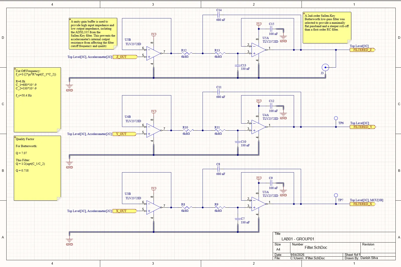 Three identical channels, each a unity gain buffer followed by a second order Sallen-Key low pass filter