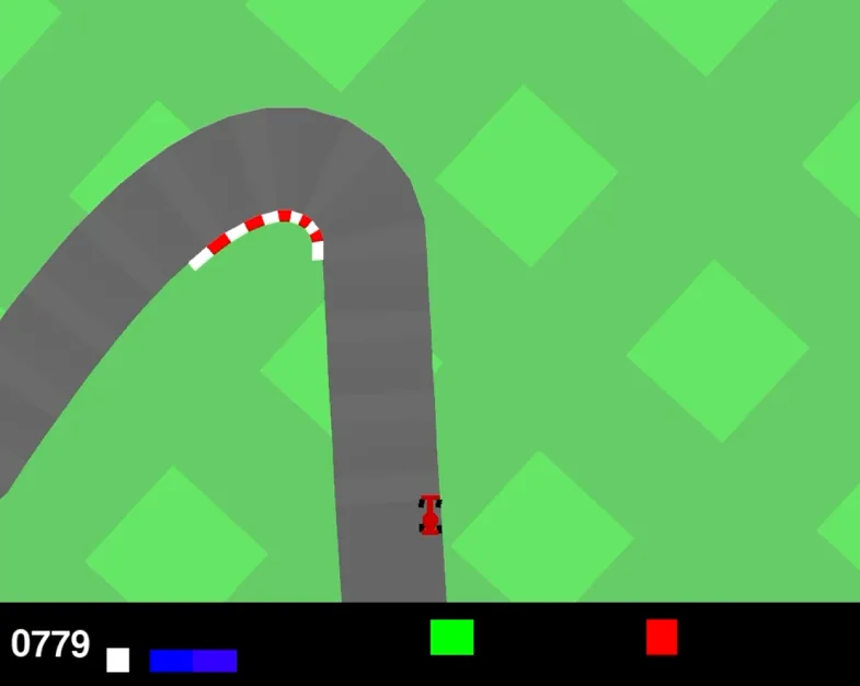 The CarRacing window with the red car mid corner on a grey track, the accumulated reward at the bottom left and the telemetry bars beside it