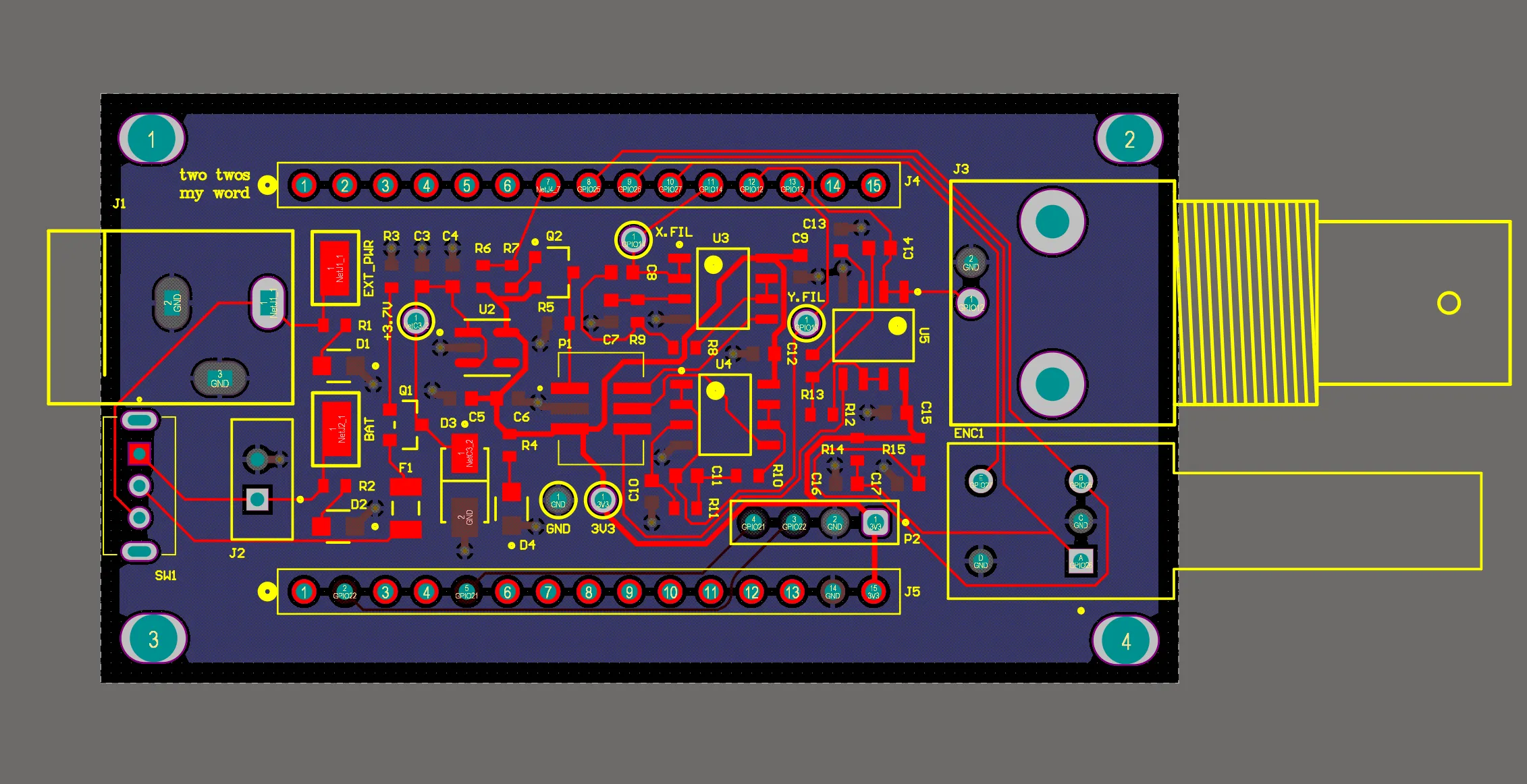 PCB layout showing the routed traces, component placement and the two header rows that seat onto the dev board