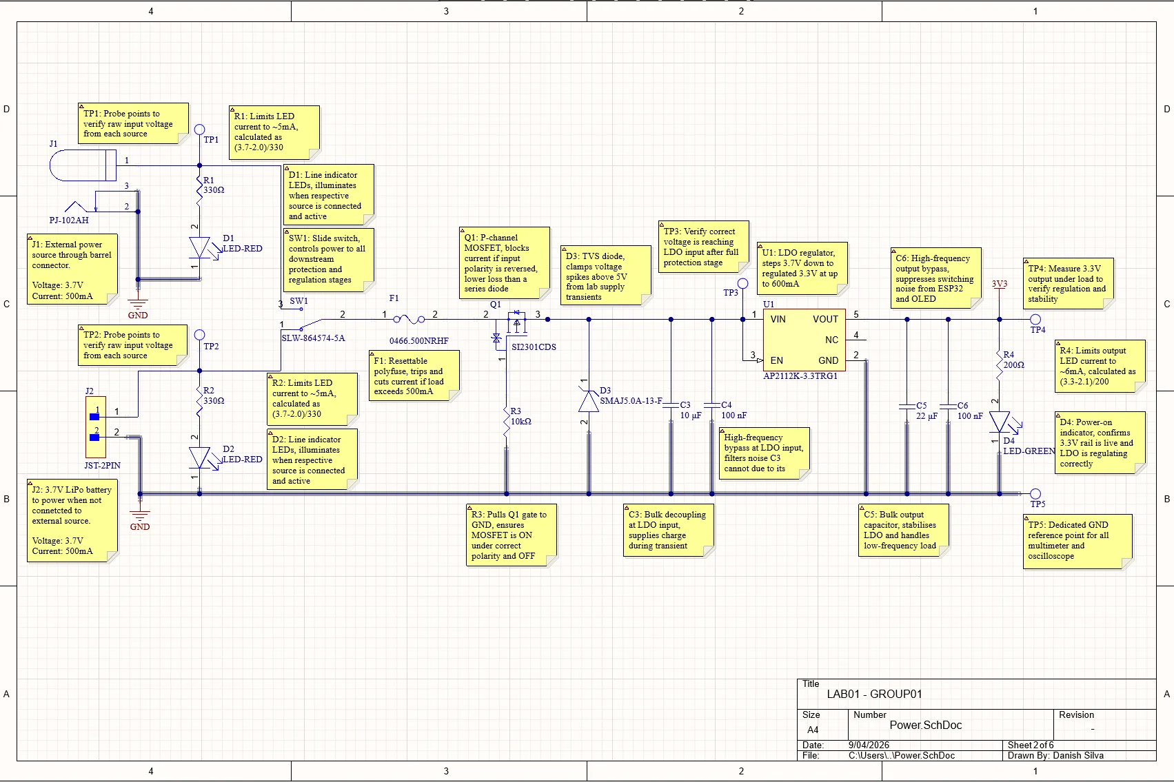 Power supply schematic with polyfuse, reverse polarity MOSFET, TVS clamp and the 3.3V LDO regulator